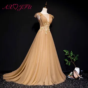 AXJFU Princezná JANTÁROVÁ zlatá ZLATÁ čipka lištovanie kvet večerné šaty luxusné o krk bez rukávov volánikmi riadok čipky dlhé večerné šaty