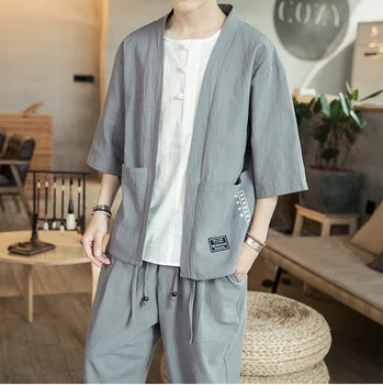 Bavlna Cardigan Bunda Mužov Čínsky Štýl Streetwear Módy Hip Hop Bežné Kabát Voľné Kimono Bundu Veľkosť M-5XL