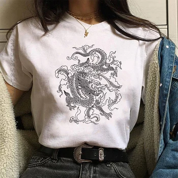 Bavlnené dámske Tričko Hip Hop Streetwear Topy Ženy Ulzzang Harajuku Kawaii Čínsky Drak Print T Shirt Lete Grafické Tees