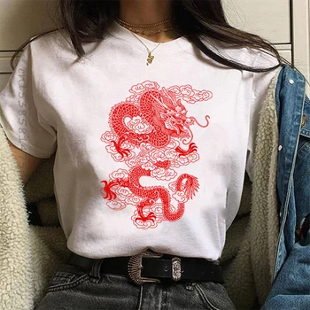 Bavlnené dámske Tričko Hip Hop Streetwear Topy Ženy Ulzzang Harajuku Kawaii Čínsky Drak Print T Shirt Lete Grafické Tees