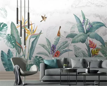 Beibehang tapety Nordic ručne maľované stenu spálne tropických rastlín, kvetov a vtákov v pozadí nástenná maľba tapety pre deti izba 52087