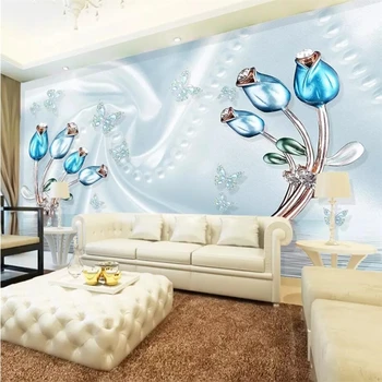 Beibehang Tapety nástenná maľba vlastné obývacia izba, spálňa romantický modrá tulipán diamond kvet vody odraz nástenná maľba pozadia