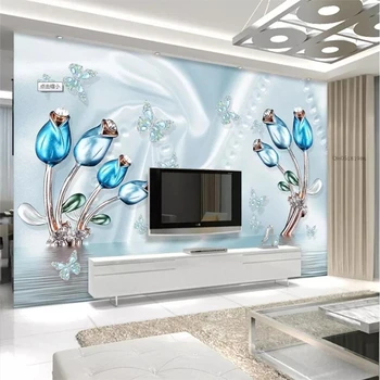 Beibehang Tapety nástenná maľba vlastné obývacia izba, spálňa romantický modrá tulipán diamond kvet vody odraz nástenná maľba pozadia