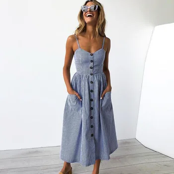 Bežné Ženské Sundress Ženy Letné Šaty 2020 Sexy Midi Šaty Dámske Vintage Vestidos Backless Popruhy Plus Veľkosť Šaty Tlačidlo