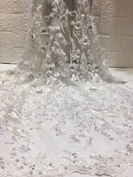 Biela Afriky francúzsky Nášivka Vysoko Kvalitné Švajčiarske Guipure Svadobné 3D Kvet Tylu Oka Čipky Vyšívanie Korálkami Kameň Textílie Svadbu 17878