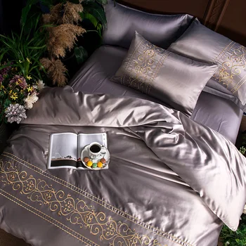 Biela strieborná bavlna napodobniť hodváb luxusná posteľná bielizeň Nastaviť kráľovná king size posteľ nastaviť Prestieradlá bielizeň Európe výšivky Perinu nastaviť 40 19061