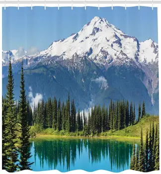 Biela Zelená Krajina Sprchový Záves Jazero a Zasnežené Vrchol Ľadovca, Washington, USA Vysoké Borovice Lesnej Kúpeľňa Opony