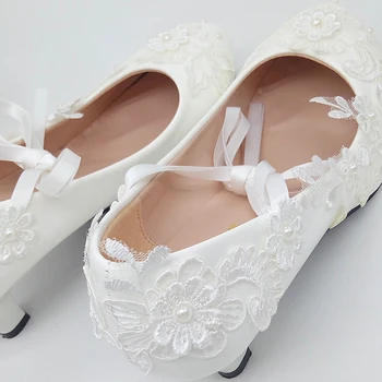 Biela čipka svadobné topánky, svadobné topánky, nízka vysoká päty svadobné čipky pearl čerpadlá topánky dámske topánky 8993