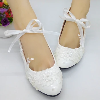 Biela čipka svadobné topánky, svadobné topánky, nízka vysoká päty svadobné čipky pearl čerpadlá topánky dámske topánky
