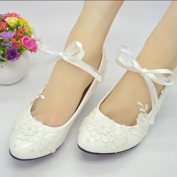 Biela čipka svadobné topánky, svadobné topánky, nízka vysoká päty svadobné čipky pearl čerpadlá topánky dámske topánky