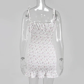 Biely Kvetinový Shirred Mini Šaty V Lete Roku 2020 Ženy Volánikmi Šaty, Sexy Špagety Popruhy Skladaný Ruched Bodycon Šaty