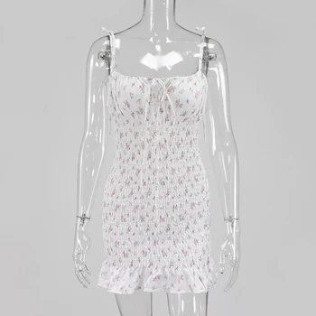 Biely Kvetinový Shirred Mini Šaty V Lete Roku 2020 Ženy Volánikmi Šaty, Sexy Špagety Popruhy Skladaný Ruched Bodycon Šaty