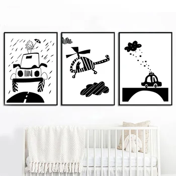 Black White Cloud Auto, Lietadlo, Nordic Plagáty A Tlačí Na Steny Umelecké Plátno Na Maľovanie Kreslených Obrazov Na Stenu Pre Deti Izba Domova