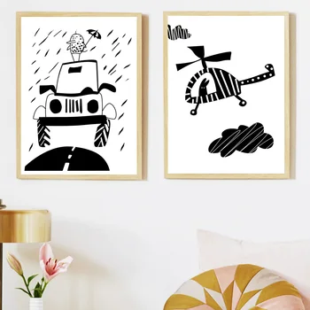 Black White Cloud Auto, Lietadlo, Nordic Plagáty A Tlačí Na Steny Umelecké Plátno Na Maľovanie Kreslených Obrazov Na Stenu Pre Deti Izba Domova