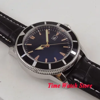 Bliger 46 mm Automatické pánske náramkové hodinky čierne sterilné dial zobrazenie dátumu hliníkový čierny rám kožený remienok nasadenie spona hodinky 12398