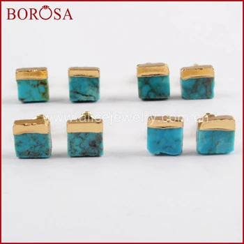 BOROSA 5/10Pairs Zlatá Farba 7mm Námestie Prírodné Turquoises Stud Náušnice, Nové Prírodné Modrý Kameň Náušnice Druzy Šperky G1647 187837