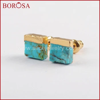 BOROSA 5/10Pairs Zlatá Farba 7mm Námestie Prírodné Turquoises Stud Náušnice, Nové Prírodné Modrý Kameň Náušnice Druzy Šperky G1647