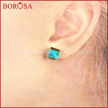 BOROSA 5/10Pairs Zlatá Farba 7mm Námestie Prírodné Turquoises Stud Náušnice, Nové Prírodné Modrý Kameň Náušnice Druzy Šperky G1647