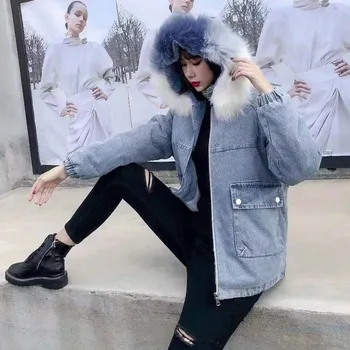 Bunda ženy 2019 nové veľké kožušiny golier denim jacket ženy jeseň a v zime kórejský bf voľné plus velvet bunda ženy 5089