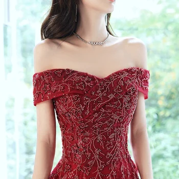 Burgundsko Večerné Šaty Rameno Sequin Čipky Korálkové Svadobné Party Šaty 2021 Loď Krku Dlho-line Formálny Obrad Prom Šaty