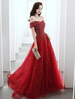 Burgundsko Večerné Šaty Rameno Sequin Čipky Korálkové Svadobné Party Šaty 2021 Loď Krku Dlho-line Formálny Obrad Prom Šaty
