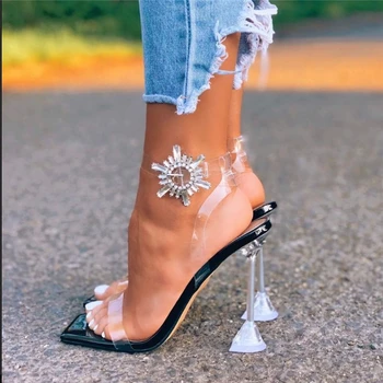 Candy Farby PVC Transparentné Dráhy Topánky Žena Crystal Clear Vysokej Fire Päty Námestí Otvorené Prst Crystal Pracky Pásu Sandále Ženy