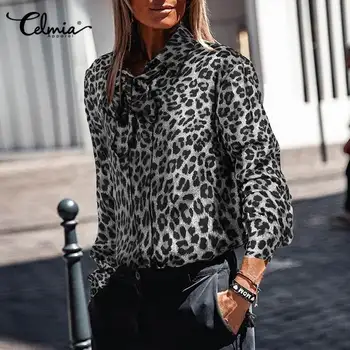Celmia Ženy Bežné Dlhý Rukáv, Blúzky Fahion Office Lady Košele 2021 Jar Elegantné Leopard Tlač Topy Tlačidlá Motýlik Blusas