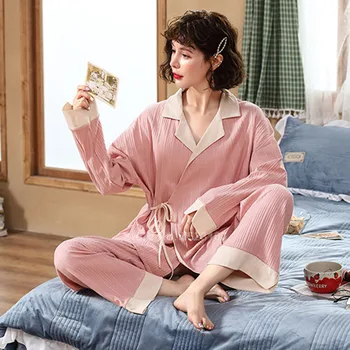 Celý Rukáv Voľné Štýl Pyžamo Set pre Ženy, Japonský Sleepwear Top Nohavice Bavlny, Mäkké na Jar Domov Nosiť Odev Pyžamá 38272