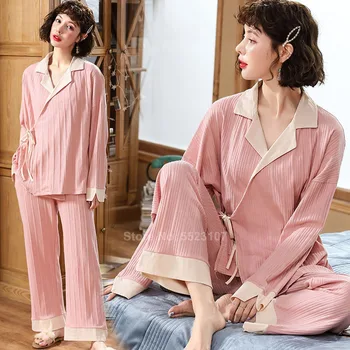Celý Rukáv Voľné Štýl Pyžamo Set pre Ženy, Japonský Sleepwear Top Nohavice Bavlny, Mäkké na Jar Domov Nosiť Odev Pyžamá