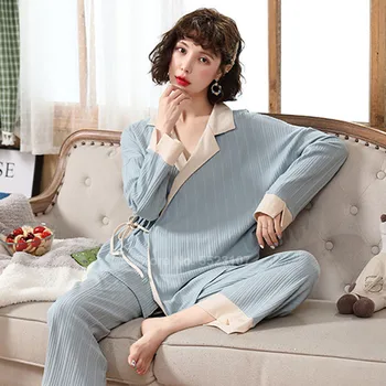 Celý Rukáv Voľné Štýl Pyžamo Set pre Ženy, Japonský Sleepwear Top Nohavice Bavlny, Mäkké na Jar Domov Nosiť Odev Pyžamá