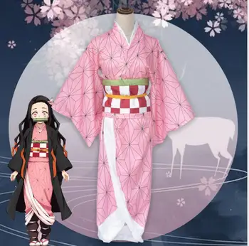 Celý Set Démon Vrah Kimetsu č Yaiba Kamado Nezuko Cosplay Kostým Kimono parochňu Geta Obuv, pokrývku hlavy Halloween Kostým Anime 62087