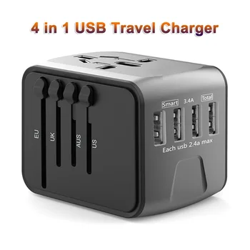Cestovná Nabíjačka Medzinárodnej Univerzálny Cestovný Adaptér, 4 USB Porty Sieťovej Nabíjačky Multifunkčné Zásuvky Prevodník USB Adaptér