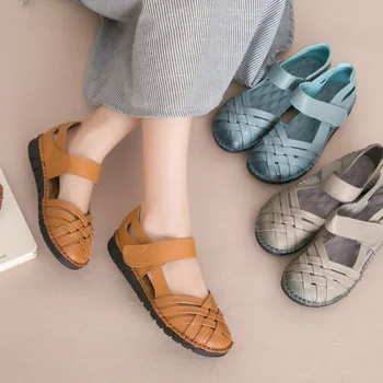CEYANEAO 2019; žien vintage topánky ručne vyrábané z pravej kože na rovnou podrážkou; Letné kožené sandále pre ženy 9512