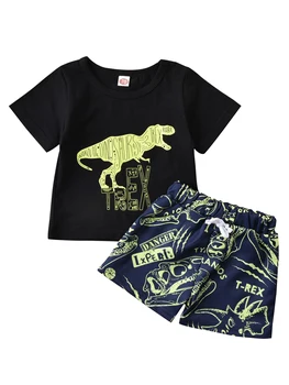 Chlapec je Karikatúra Dinosaura Vytlačené 2ks Oblek, Krátky Rukáv Kolo Krku T-shirt s Elastický Pás Krátke Nohavice, Oblečenie Set