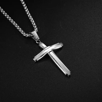 Cool Cross Prívesok Náhrdelníky pre Mužov Nehrdzavejúcej Ocele Pánske Strieborné Tón Zakrivené Kríž Náhrdelník Reťazca Šperky
