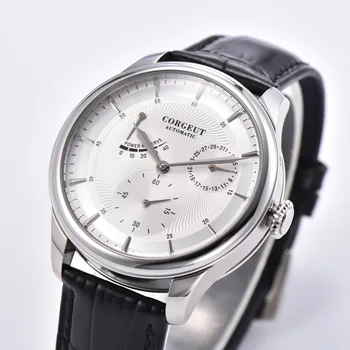Corgeut Power Reserve pánske hodinky Top značky bielej dial oceľových prípade, že dátum Kožené ST1780 Luxusné automatická hodiny pánske náramkové hodinky