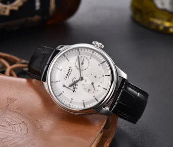 Corgeut Power Reserve pánske hodinky Top značky bielej dial oceľových prípade, že dátum Kožené ST1780 Luxusné automatická hodiny pánske náramkové hodinky