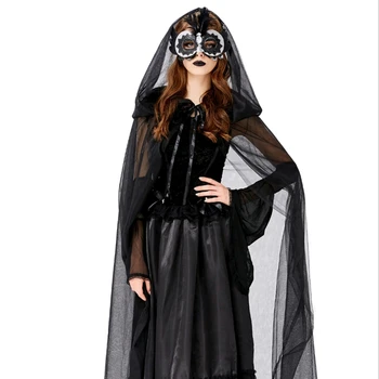 Cosplay upír jednotné halloween party, ples bohyne čipky gotická čierna cape šaty dlhé sukne