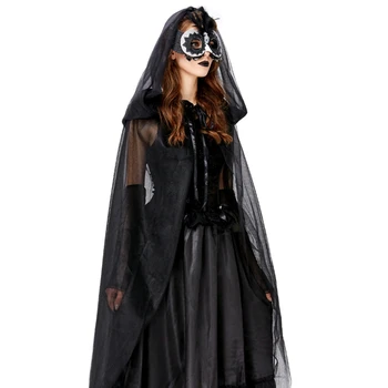 Cosplay upír jednotné halloween party, ples bohyne čipky gotická čierna cape šaty dlhé sukne
