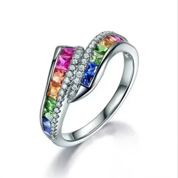 Creative móde klasické dámske farebné štvorcový zirkón tvorivé vykladané rainbow zirkón svadobné party prom šperky krúžok veľkoobchod 25310