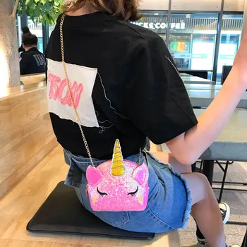 Deti Jednorožec mobilný telefón taška lete roku 2020 nové karikatúra roztomilý Osobnosti Modelovanie Sequin reťazca Jediný Ramenný Messenger Taška