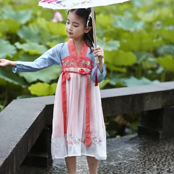 Dievčatá Čínsky Národný Štýl Princezná Šaty Deti Tradičný Dlhý Rukáv Šaty Tang Dievča Výšivky Pás Oblečenie