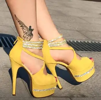 Dievčatá Žltá Semiš Bling Bling Flitrami Crystal Kríž Väzby Platformu Típat Prst Sandále Tenké Podpätky, Nočný Klub Šaty, Sandále, Topánky