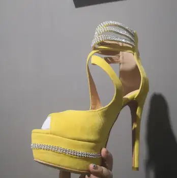 Dievčatá Žltá Semiš Bling Bling Flitrami Crystal Kríž Väzby Platformu Típat Prst Sandále Tenké Podpätky, Nočný Klub Šaty, Sandále, Topánky