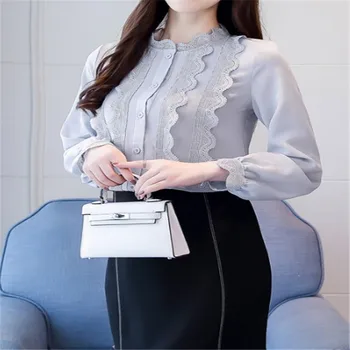 Dlhé rukávy šifón, blúzky, dámske jarné nosenie 2019 nový štýl módny top s čipkou a elegantné blúzky blusas dámy office tričko