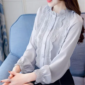 Dlhé rukávy šifón, blúzky, dámske jarné nosenie 2019 nový štýl módny top s čipkou a elegantné blúzky blusas dámy office tričko