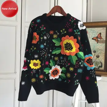 Dráhy módny pletený sveter dlhým rukávom kvetinové výšivky bežné pulóver tričko ženy móda na jeseň a zimu luxus 5958