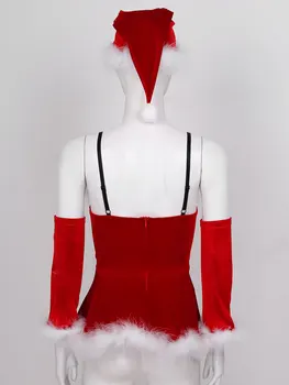 Dámske Miss Santa Claus, Vianočné Šaty, bez podšívky Podprsenka Topy Pierko Orezávanie Zamatové Šaty s Oversleeve Klobúk Dospelých Vianočný Kostým