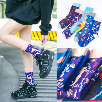 Dámske Ponožky pre Mužov Nastaviť Pár Veľké Veľkosti Dlho s Tlač Farebné Kreslené Vzor Morského dna Japonský Štýl Streetwear Módy