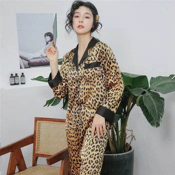 Dámske Vintage Leopard Sleepwear Vytlačené Pyžamo Sady Negližé Sexy Odev Dlhý Rukáv Topy Rastliny Plus Veľkosť XXL Pijamas 68070